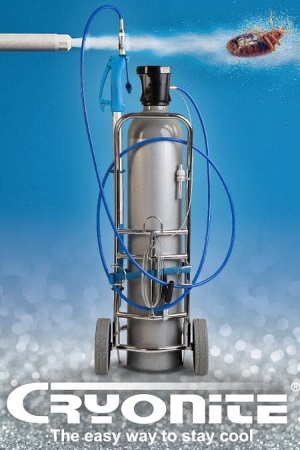 The image shows a promotional advertisement for a Cryonite pest control device, featuring a wheeled stainless steel canister with hoses and nozzles used for freezing treatment of bed bugs, with a bed bug illustration in the background.